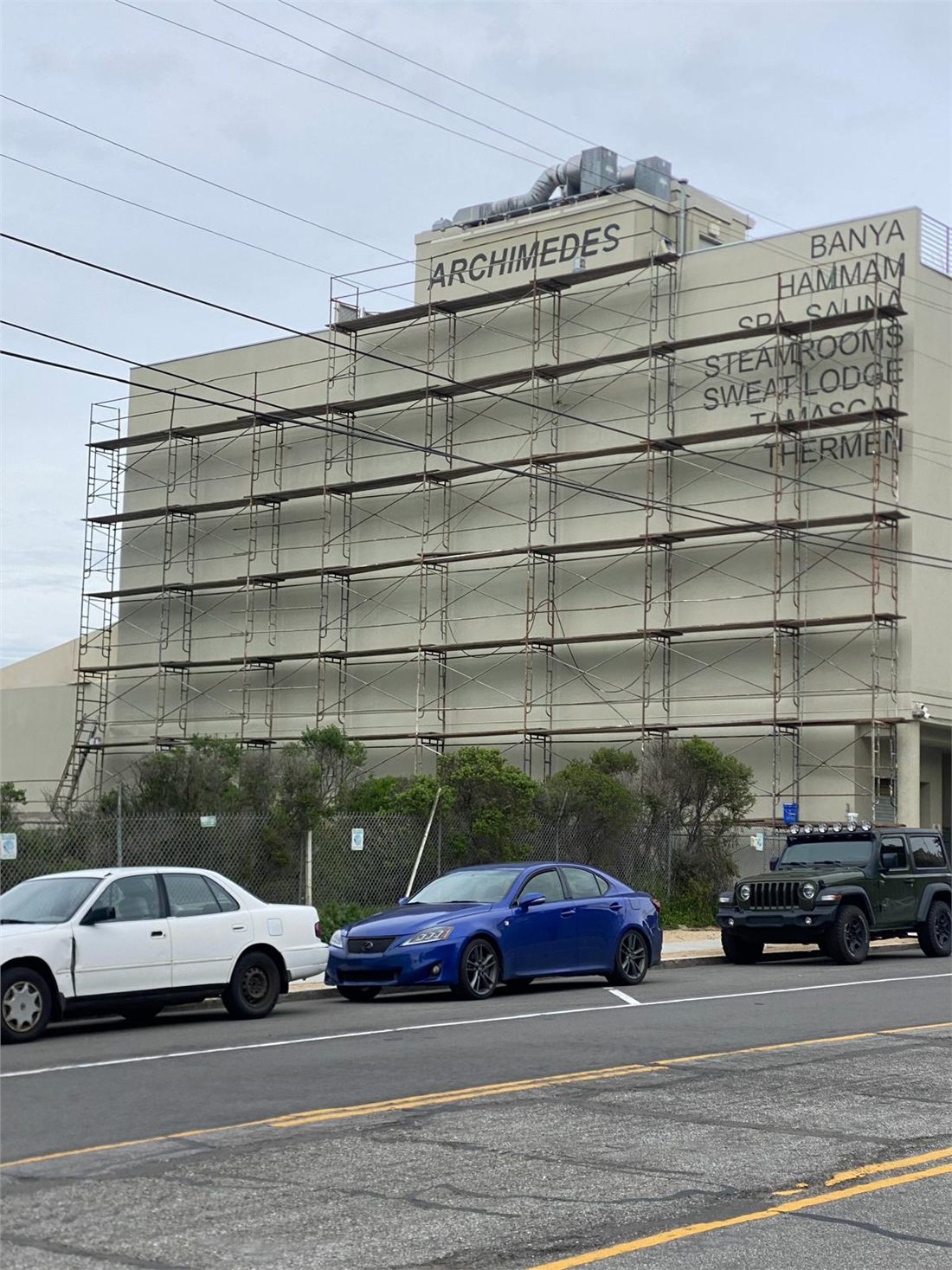 Scaffolding on the Archimedes Building during exterior cleaning
